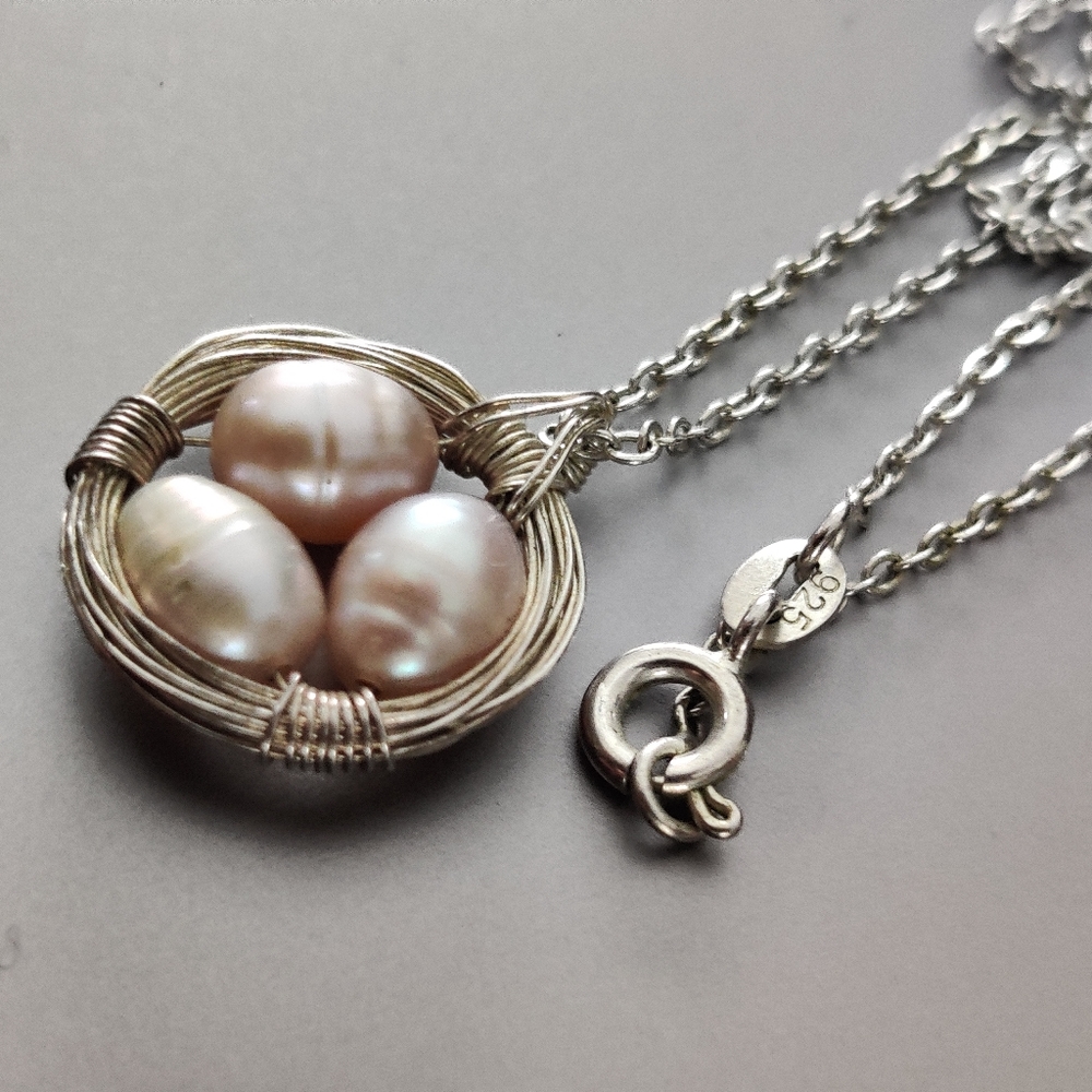 Elegant Birds Nest Silver & Cultured Pearls Pendant Necklace